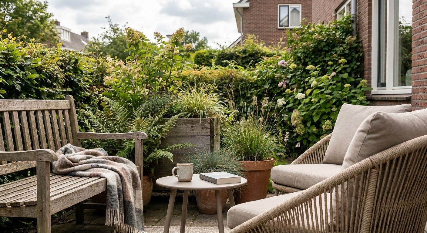 Gezellige tuin met bank, stoel en salontafel