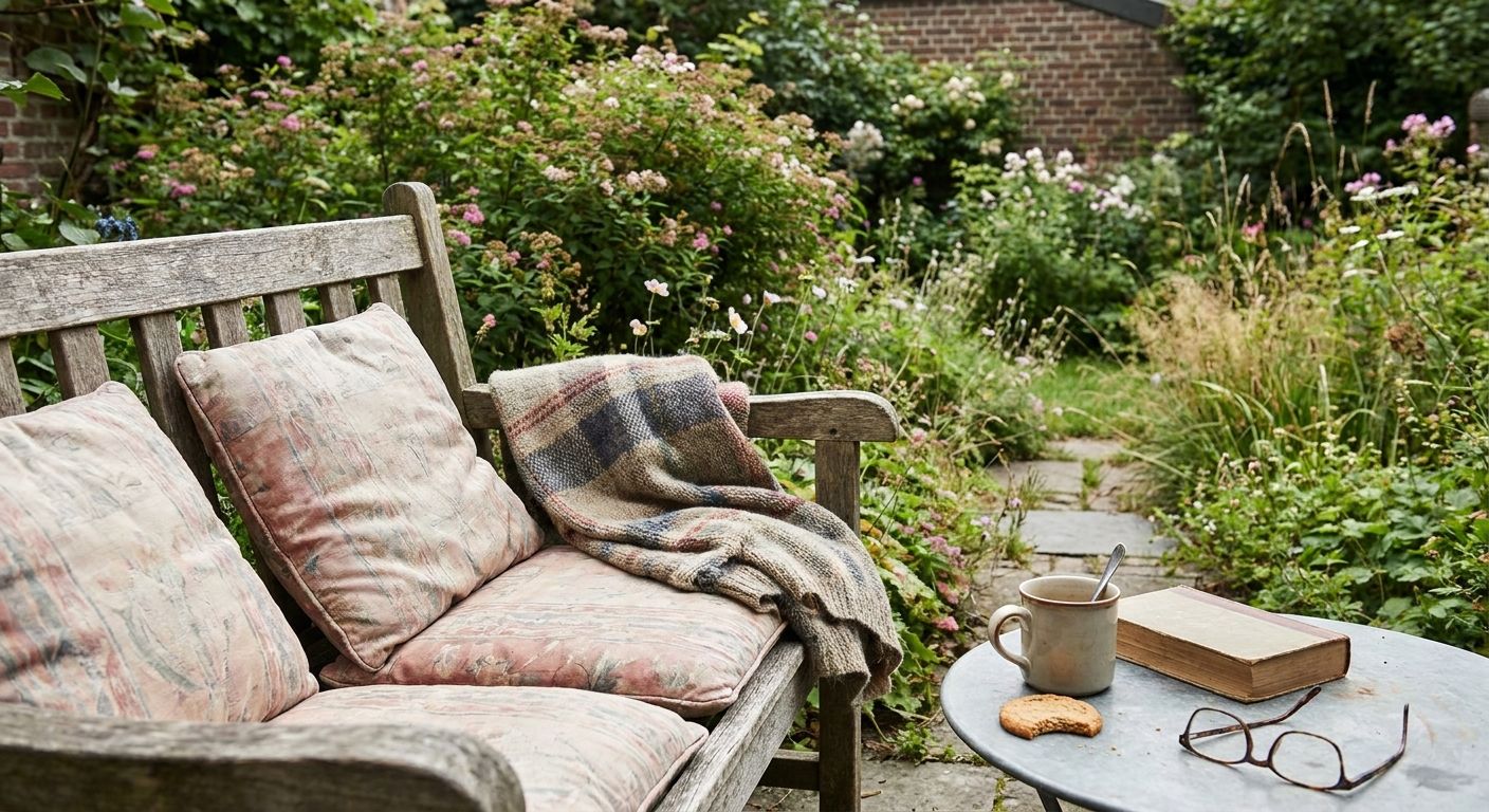 Houten tuinbank met kussens naast tafel met boek