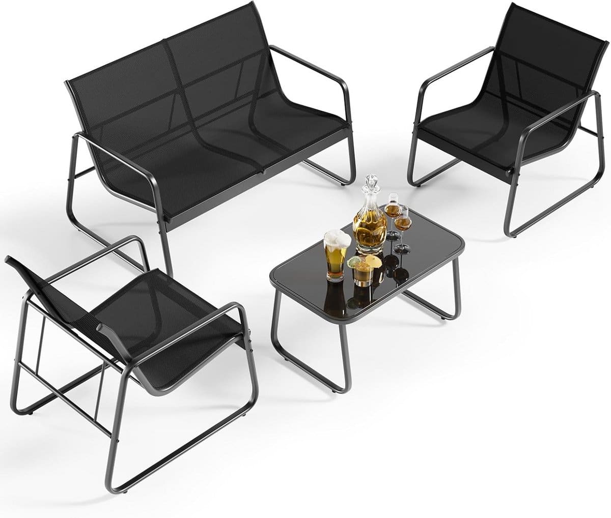 4 delige terrasmeubelset voor buiten met loveseat en glazen salontafel