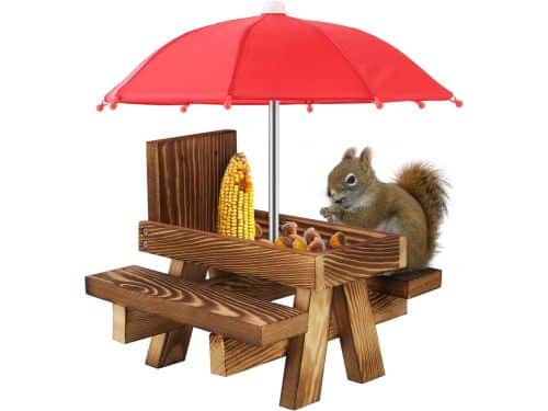 Allecto Plus - Eekhoornvoedertafel met paraplu en houten picknickbank voor