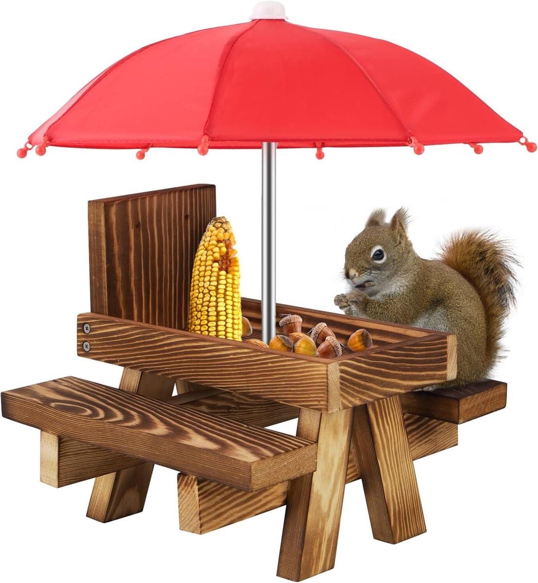 allecto plus eekhoornvoedertafel met paraplu en houten picknickbank voor