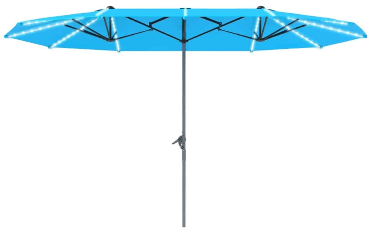 blauwe zweefparasol zonne led verlichting upf50+ zonbescherming tuin 451x267cm