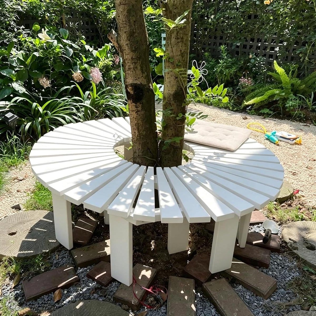 boombank gebogen tuinbank buiten ontspannen in de tuin