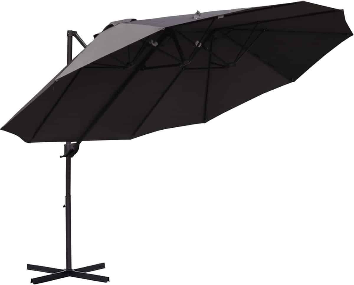 donkergrijze zweefparasol dubbel dak ventilatie handbediend tuin 440x270cm