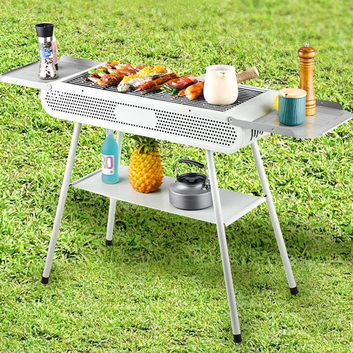 draagbare houtskoolbarbecue, grote tafelgrill met 2 grillnetten, 1 grillplaat en