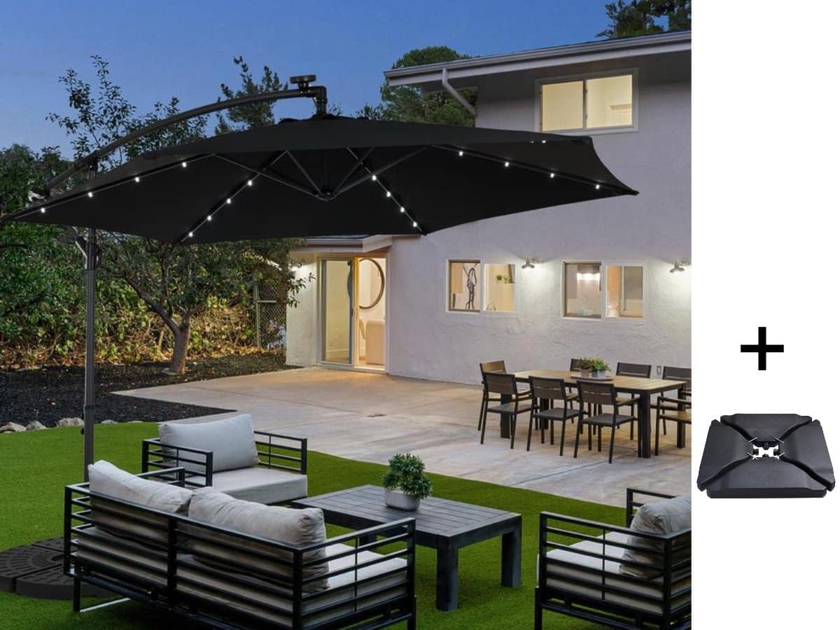 fameilleur zweef parasol+parasol tegels inclusief led verlichting op zonne energie