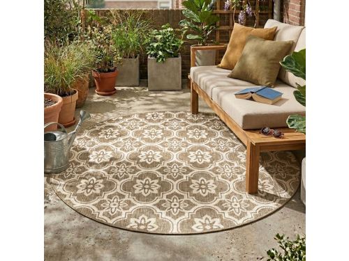 Fraai Rond buitenkleed - Rio Flower Beige - Ø 160