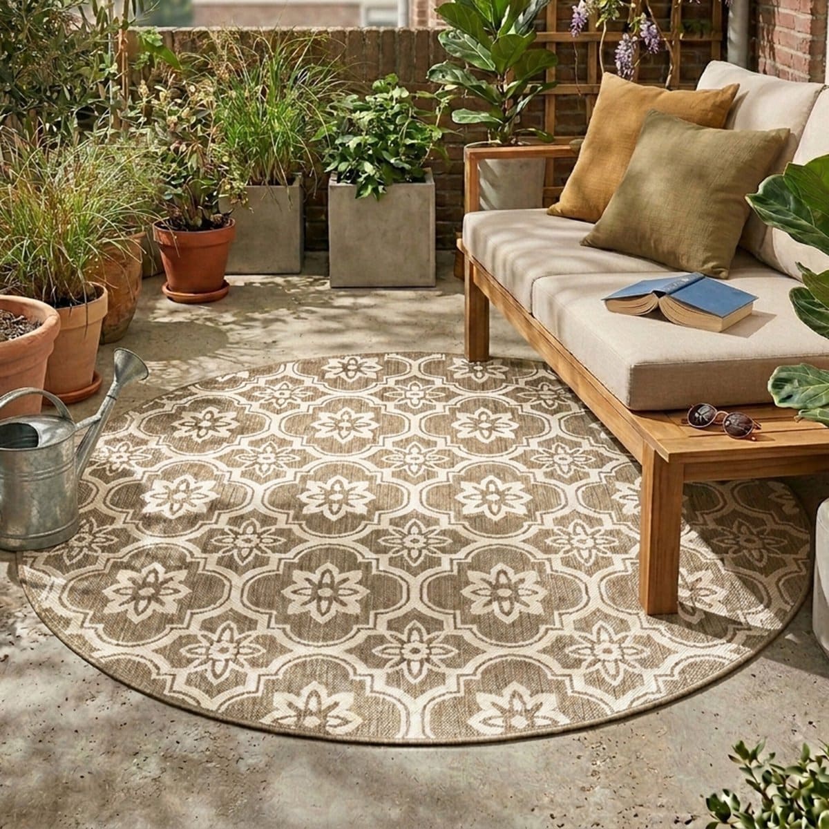 fraai rond buitenkleed rio flower beige Ø 160