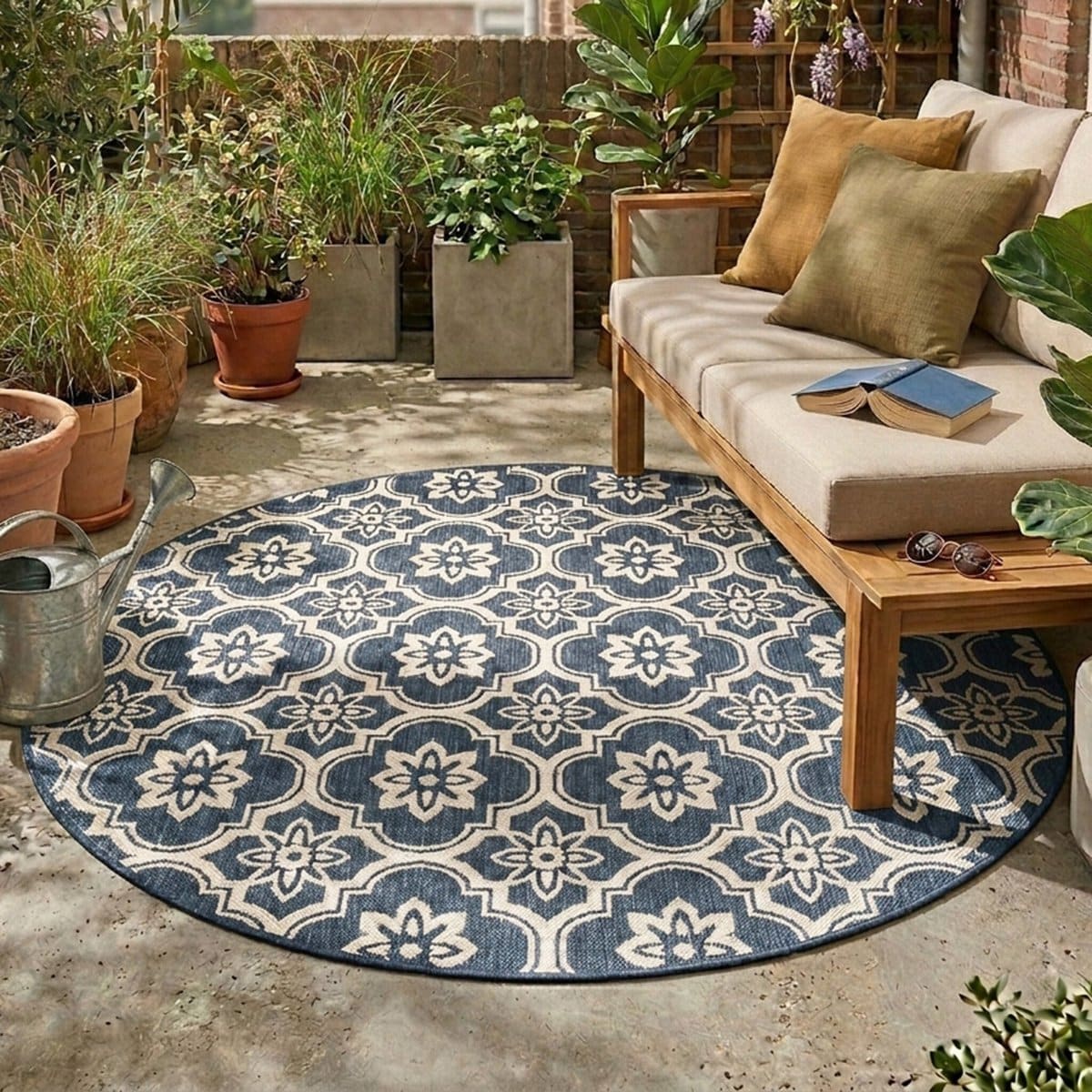 fraai rond buitenkleed rio flower blauw Ø 230
