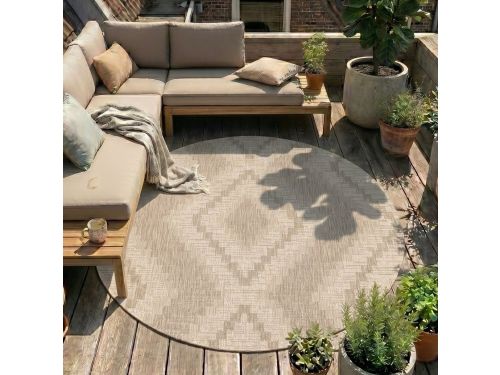 Fraai Rond jute buitenkleed - Atlas Diamond Bruin/Creme - Ø