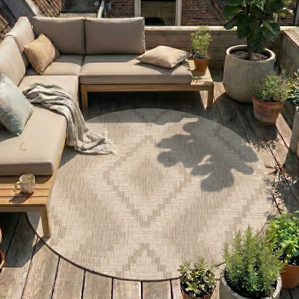 fraai rond jute buitenkleed atlas diamond bruin/creme Ø