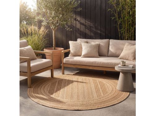 Fraai Rond jute buitenkleed - Mavi Stripes Creme/Bruin - Ø