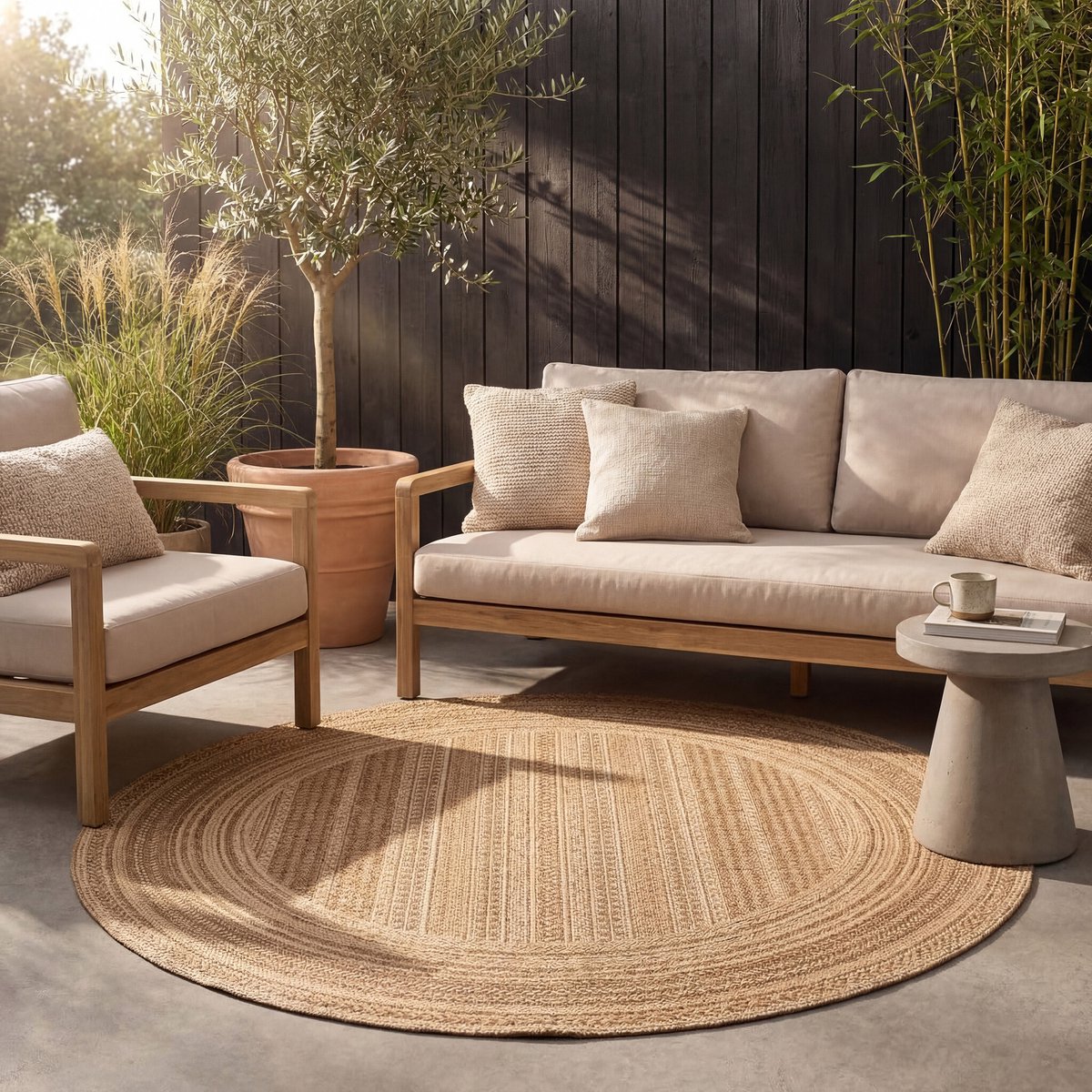 fraai rond jute buitenkleed mavi stripes creme/bruin Ø