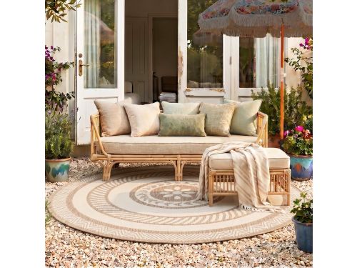 Fraai Rond jute buitenkleed - Nusa Medallion Beige/Creme - Ø