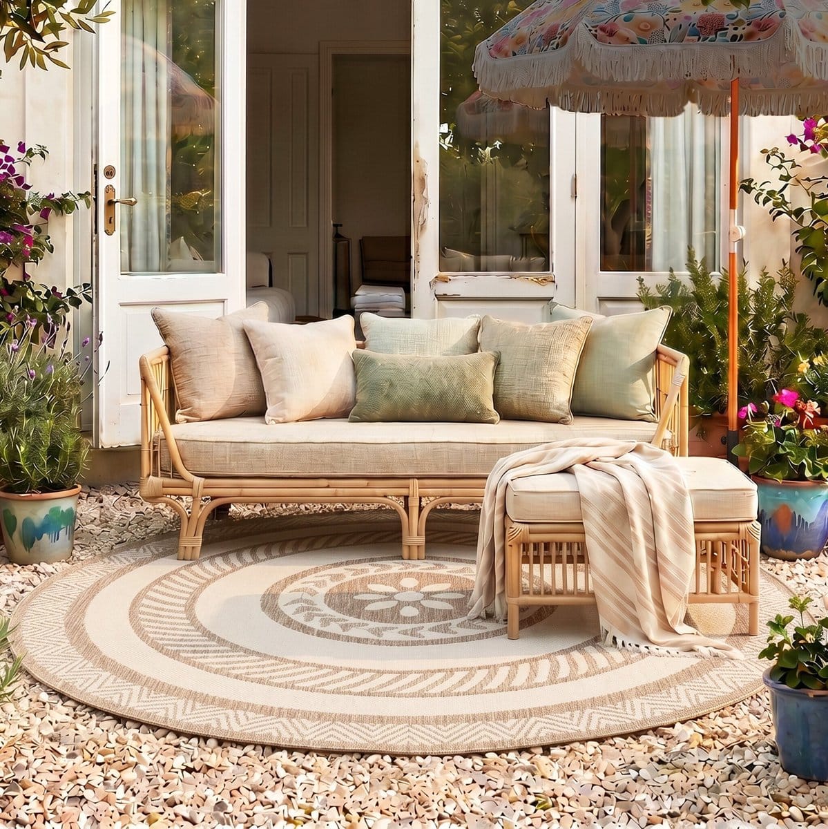 fraai rond jute buitenkleed nusa medallion beige/creme Ø