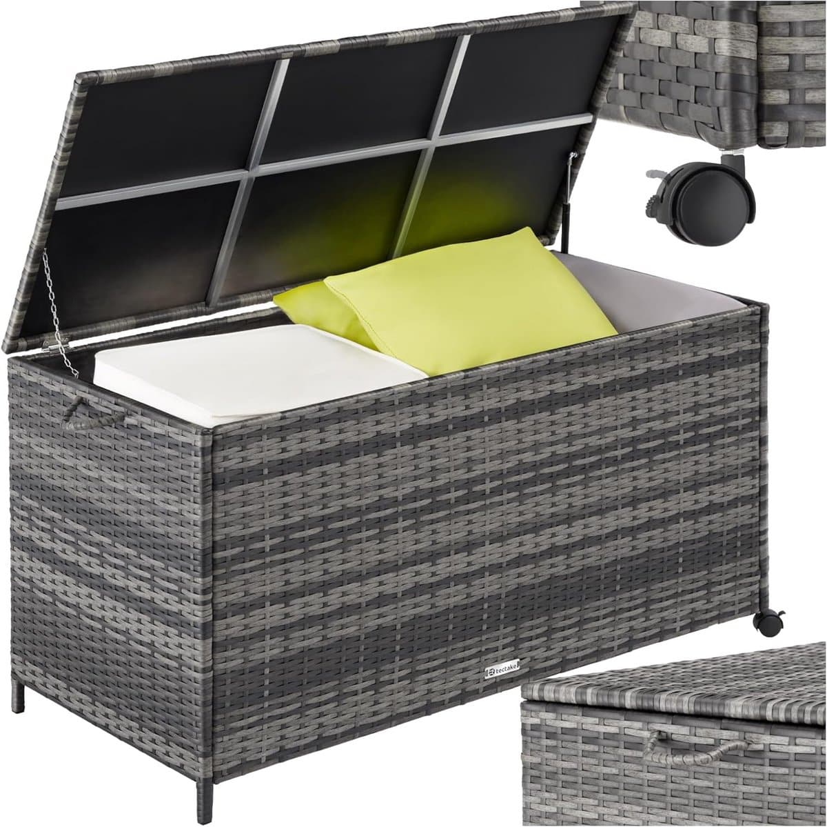 grote wicker opbergbox 297l buiten met deksel, waterdicht en wielen