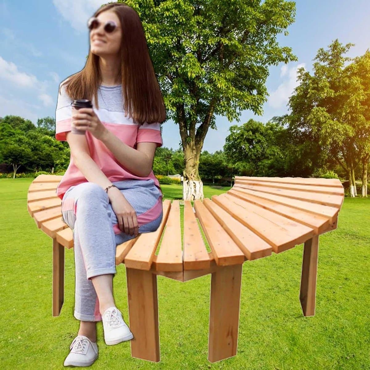 houten boombank halfronde bank buiten zitten massief