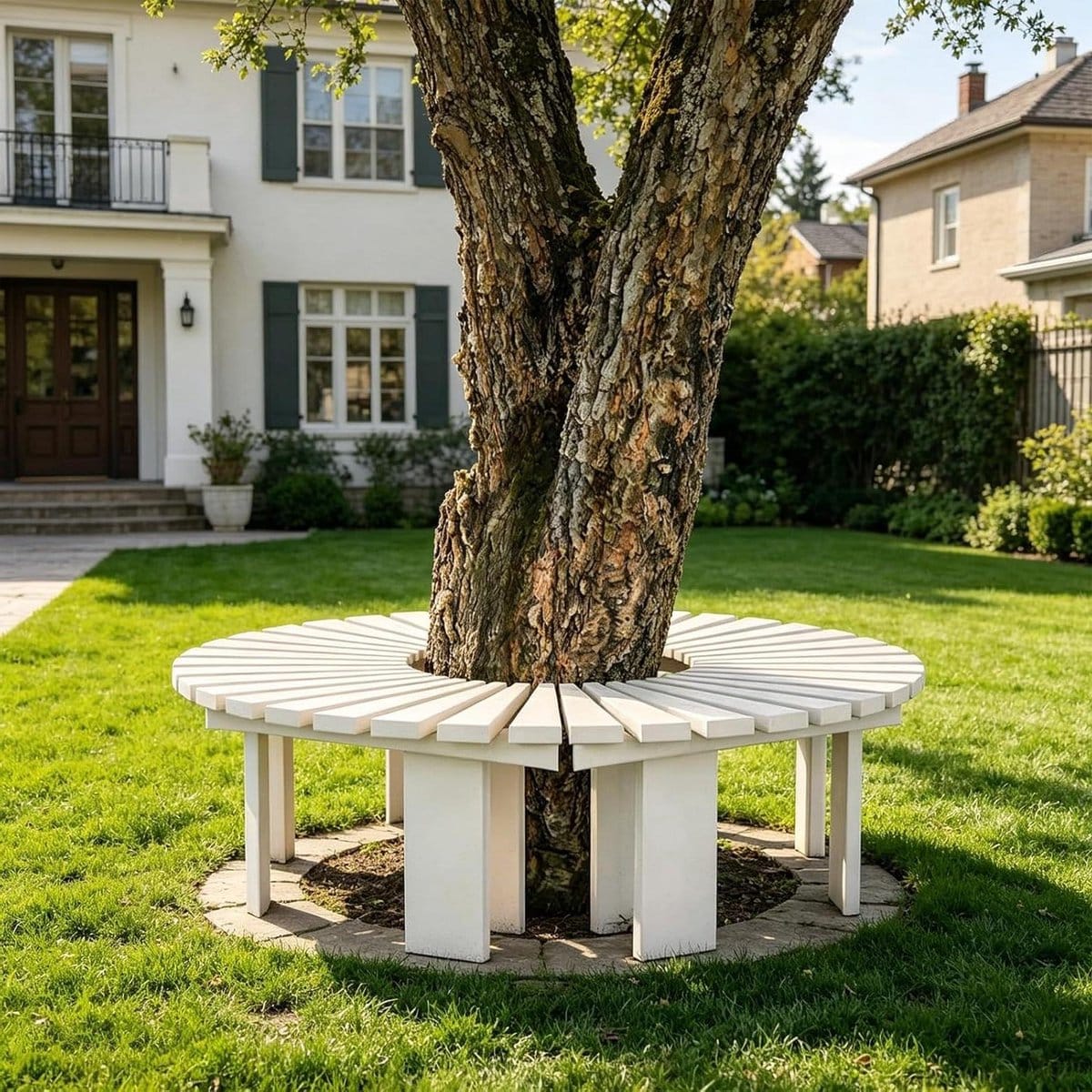 houten boombank tuinbank buiten ontspannen in de tuin