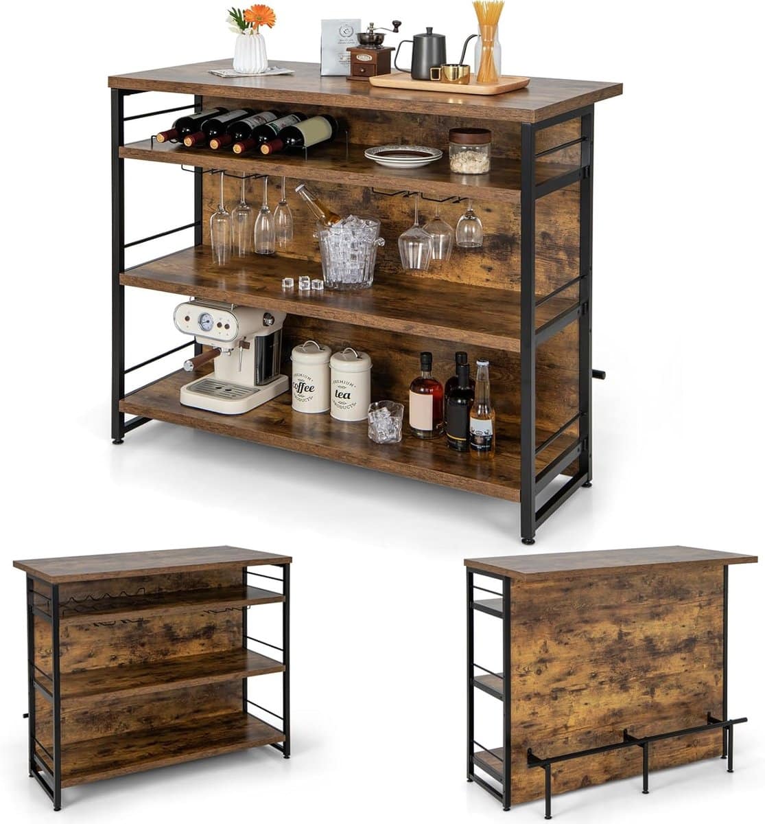 komfotteu bartafel, 2 in 1 met opbergruimte, barkast met 4 niveaus