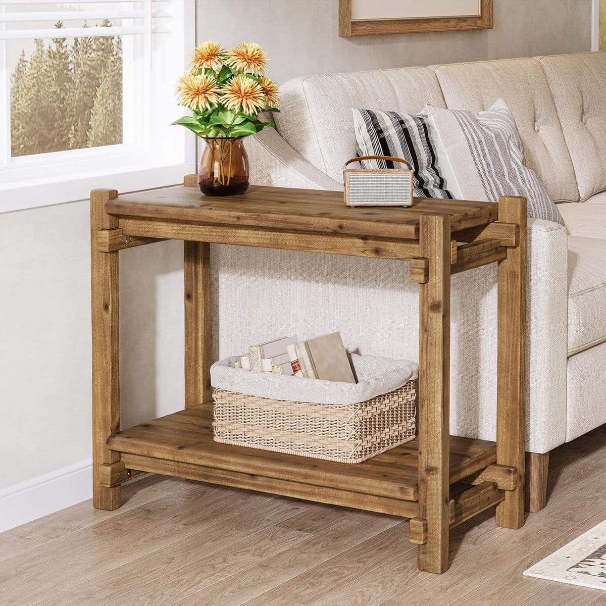 massief houten bijzettafel met opbergplank voor woonkamer en slaapkamer