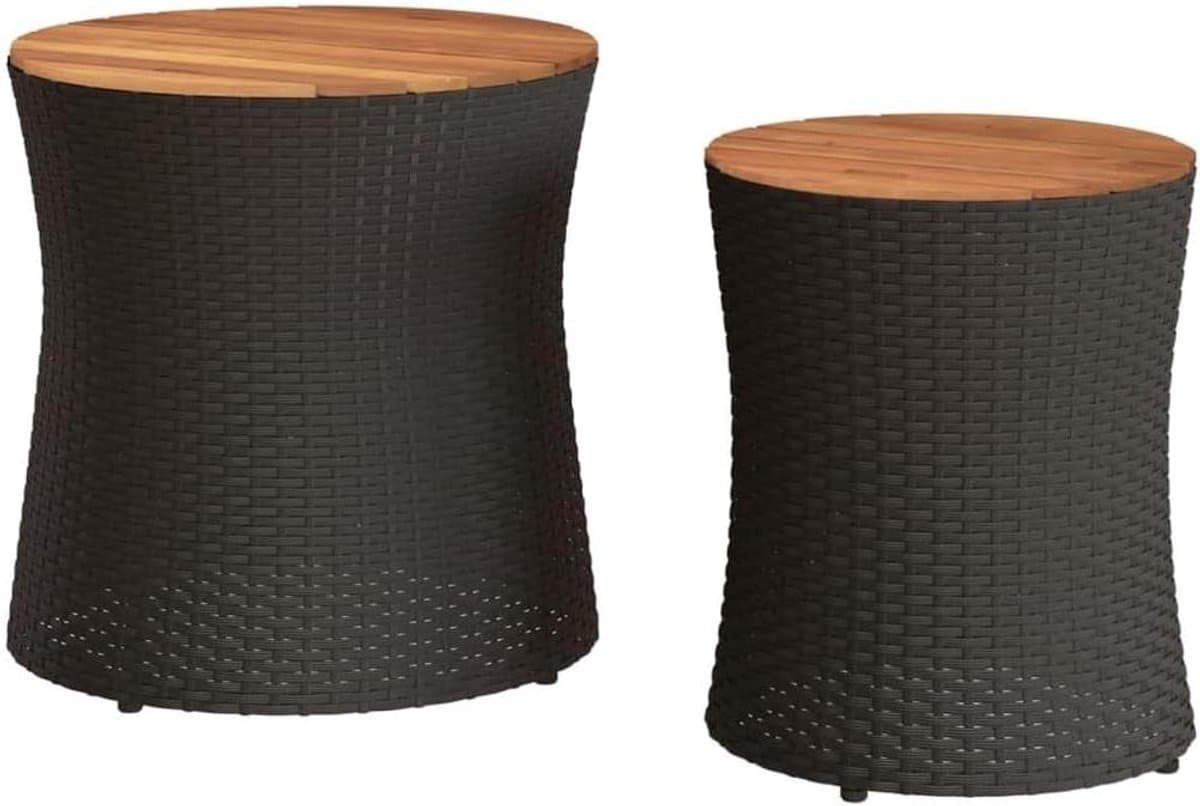 polyrotan bijzettafel, set van 2 met acaciahout, zwarte tuintafel voor