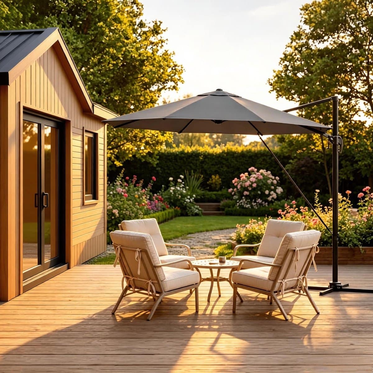 re purelife® zweefparasol rond 306×167×207 cm donkergrijs 360° draaibaar
