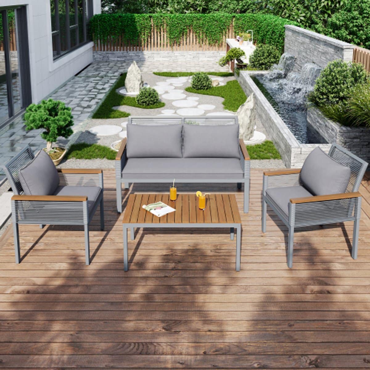tuin loungeset, tuinmeubelset met comfortabele kussens, dubbele bank