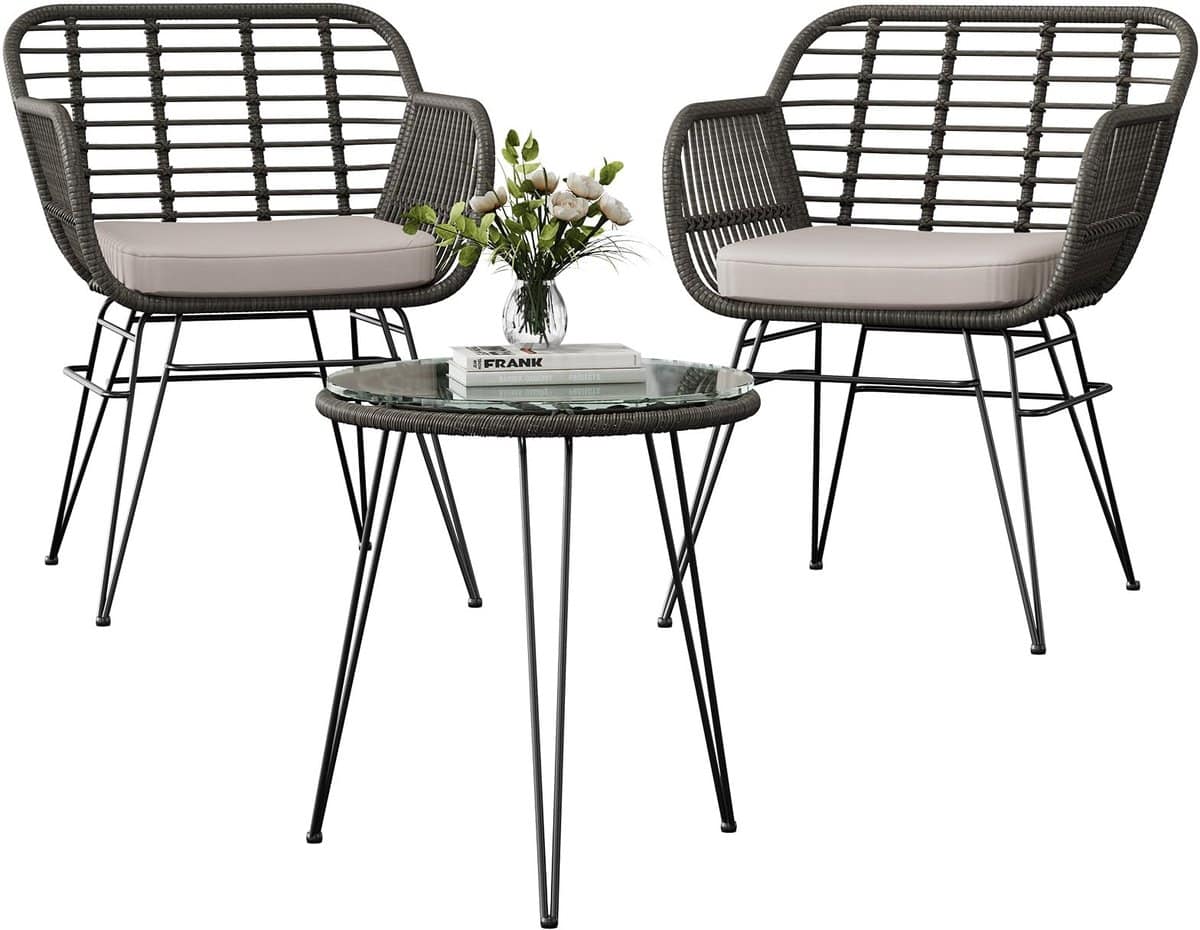 tuinmeubelset bistroset 3 delig, rattan stoelen met afneembare kussens en tafel