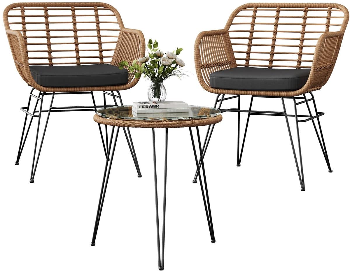 tuinmeubelset bistroset 3 delig, rattan stoelen met afneembare kussens en tafel