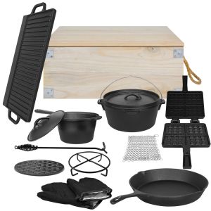 11-delige Dutch Oven Set van Gietijzer met Houten Opbergkist
