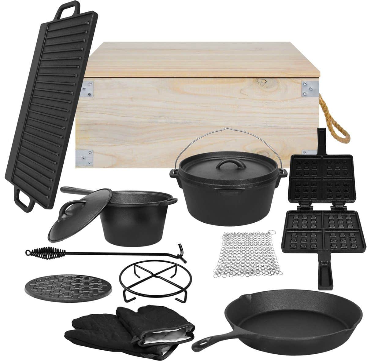 11 delige dutch oven set van gietijzer met houten opbergkist