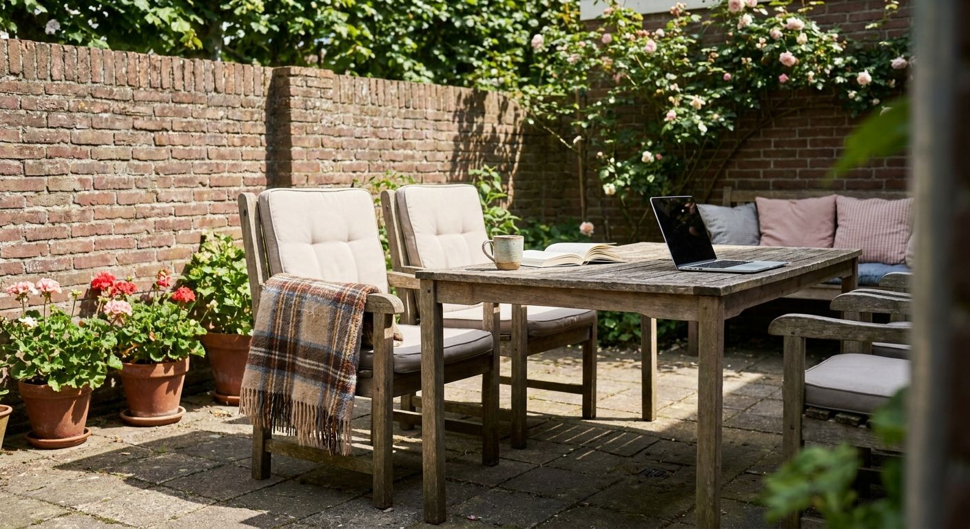 Gezellige tuin met houten tafel en laptop