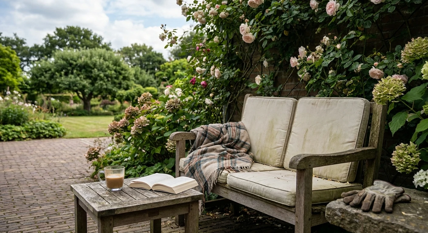 Houten tuinbank met boek en koffie
