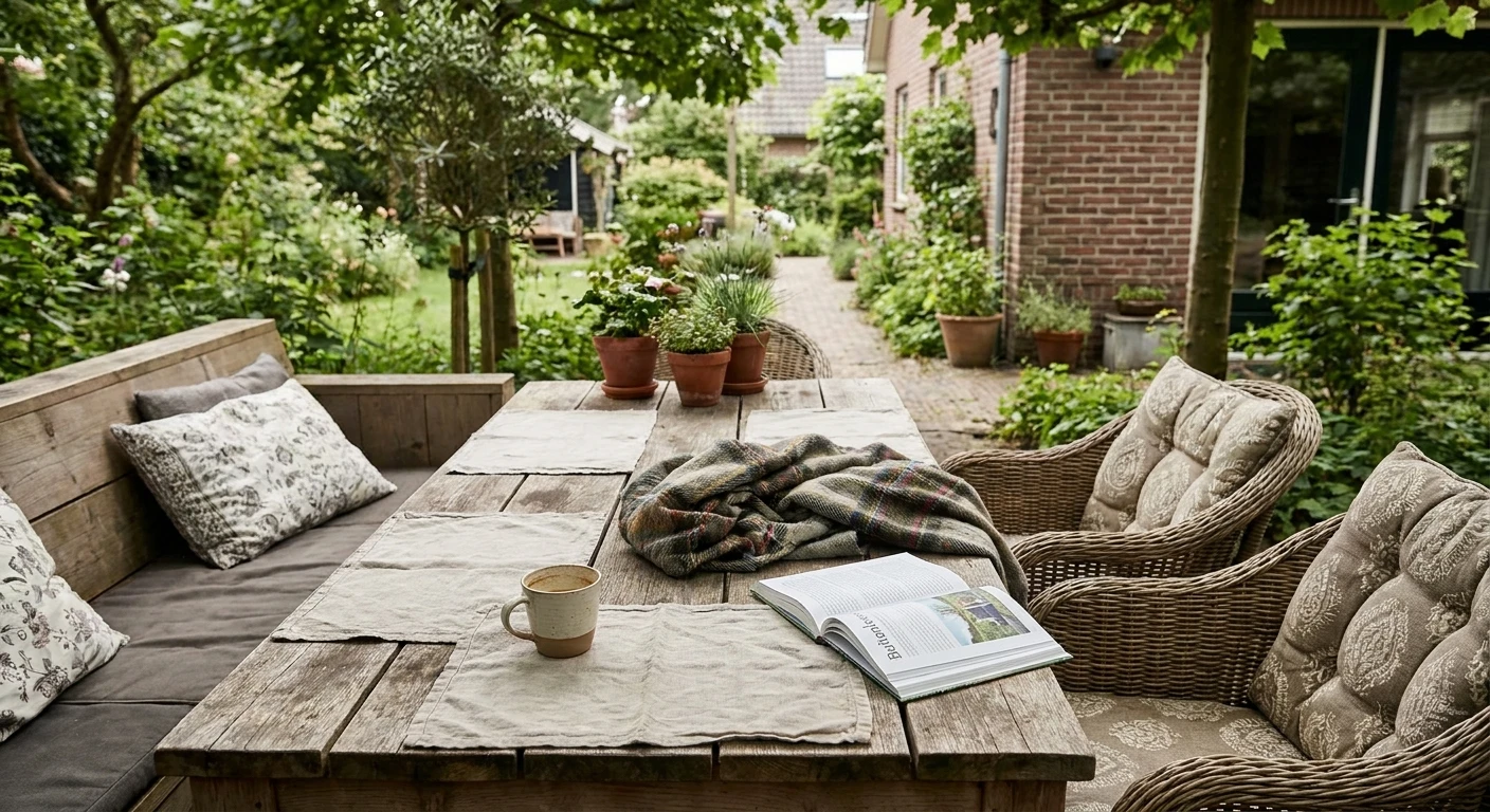Gezellige tuin met houten tafel en zithoek