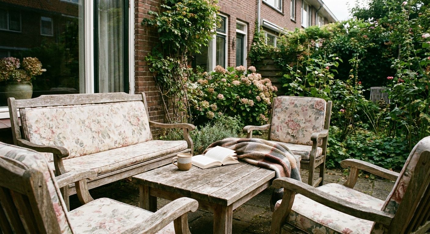 Gezellige tuinset met boek en koffie