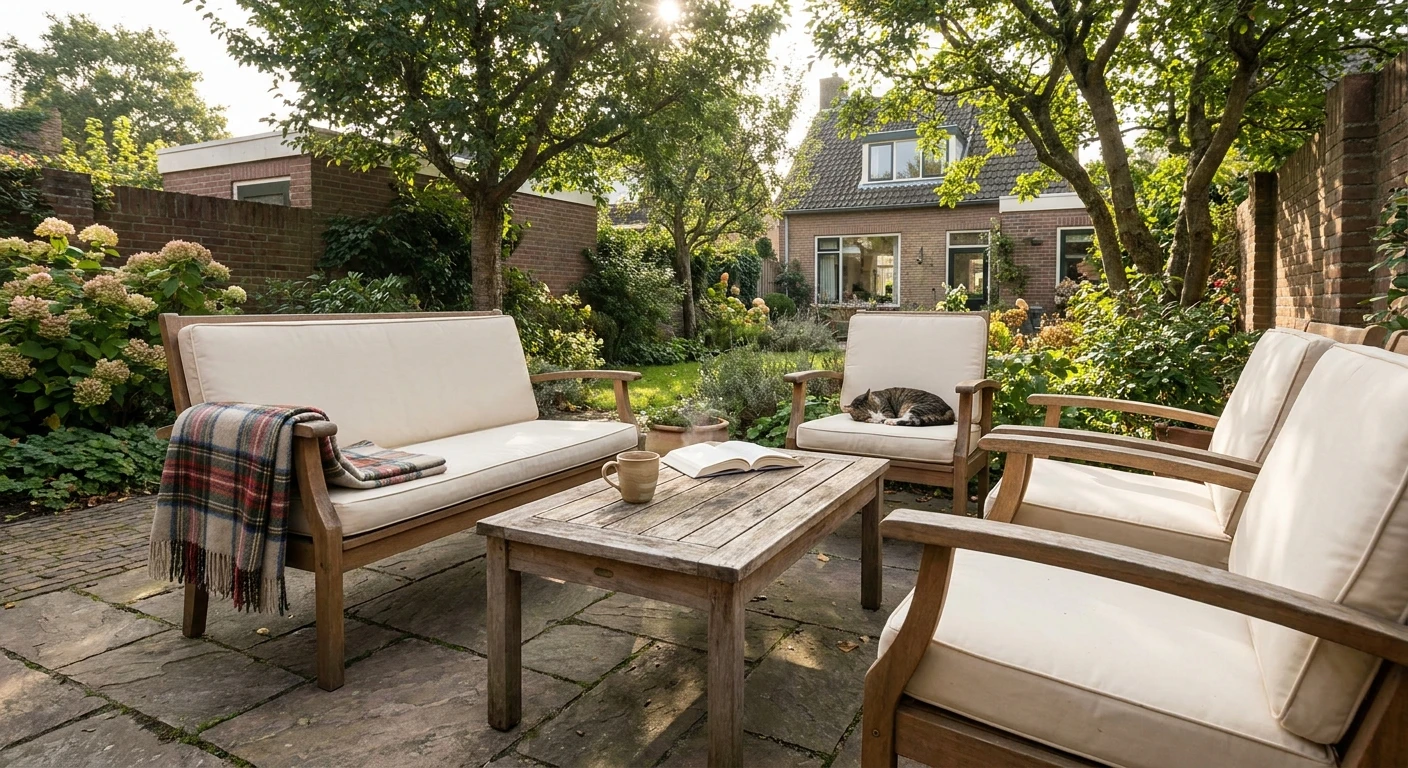 Gezellige tuin met houten loungeset en kat