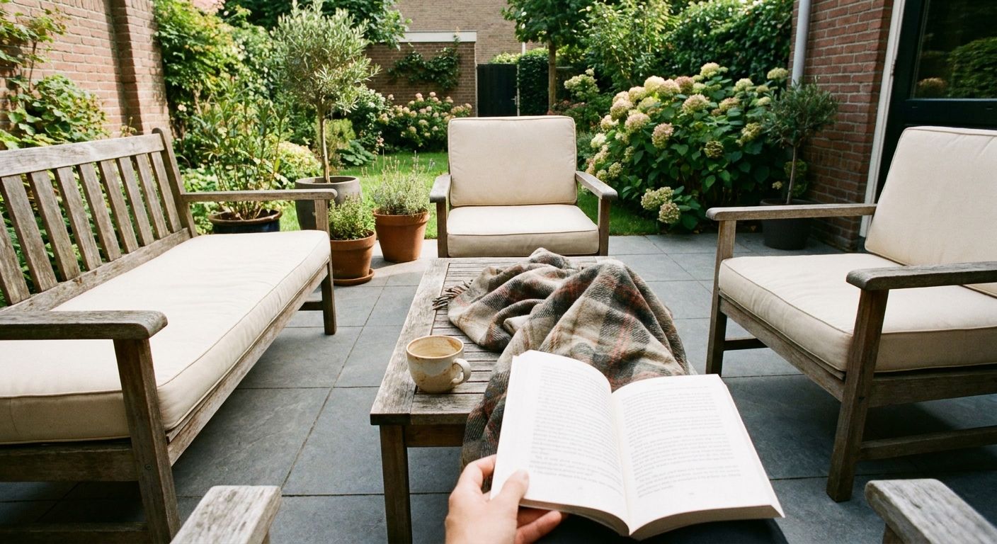 Gezellige tuinset met boek en koffie