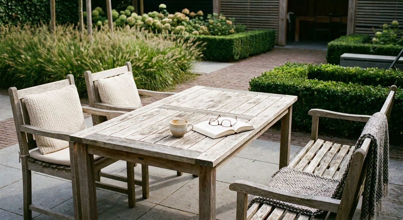 Houten tuintafel met stoelen, boek en koffie