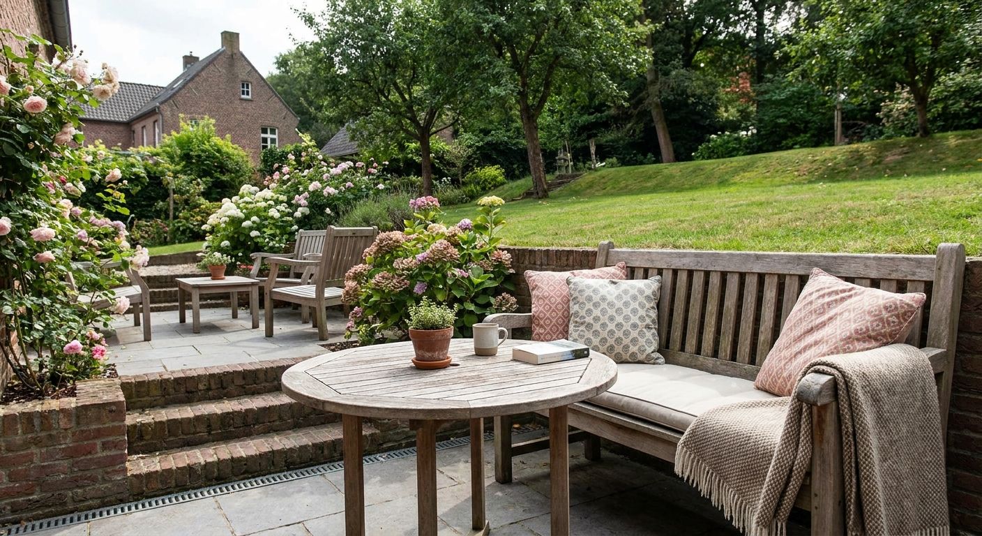 Gezellige tuin met houten bank en bloeiende hortensia’s