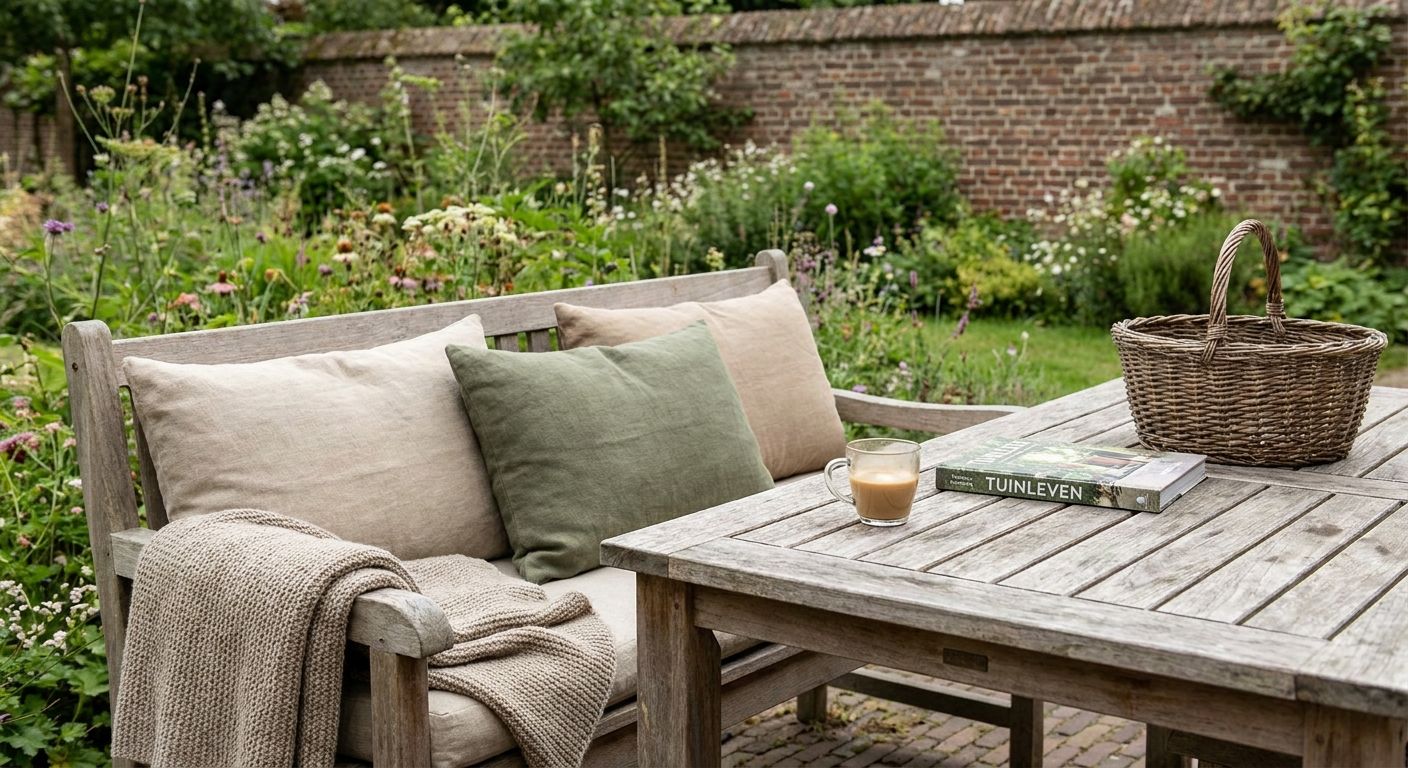 Houten tuinbank met kussens in bloeiende tuin