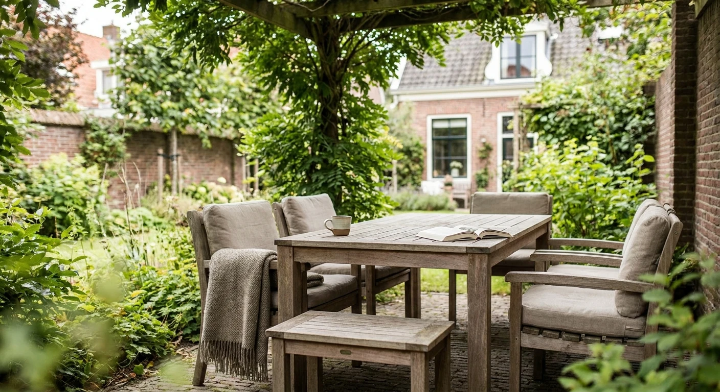 Houten tuintafel onder pergola in groene stadstuin
