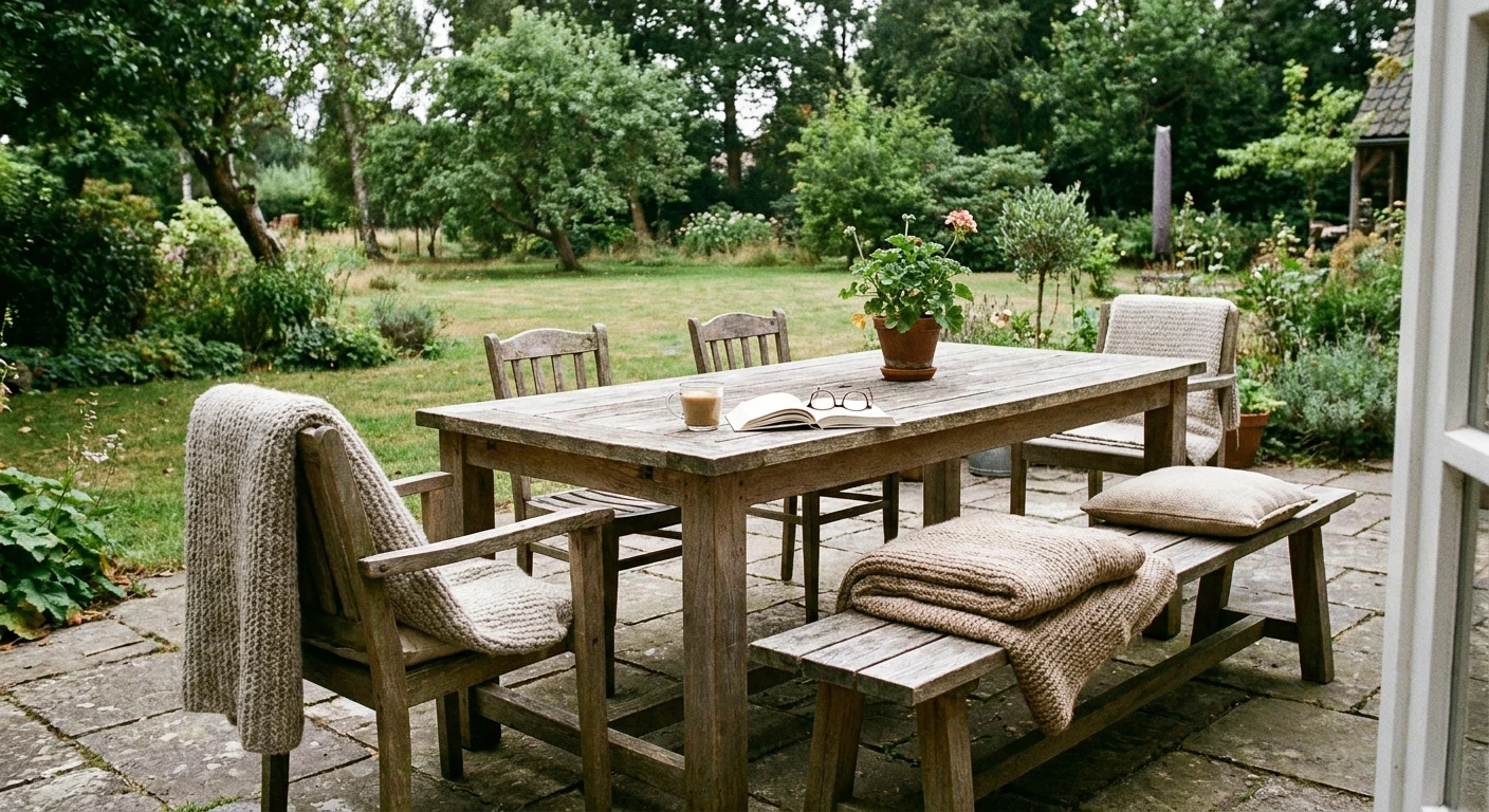 Rustieke houten tuintafel met stoelen en tuin