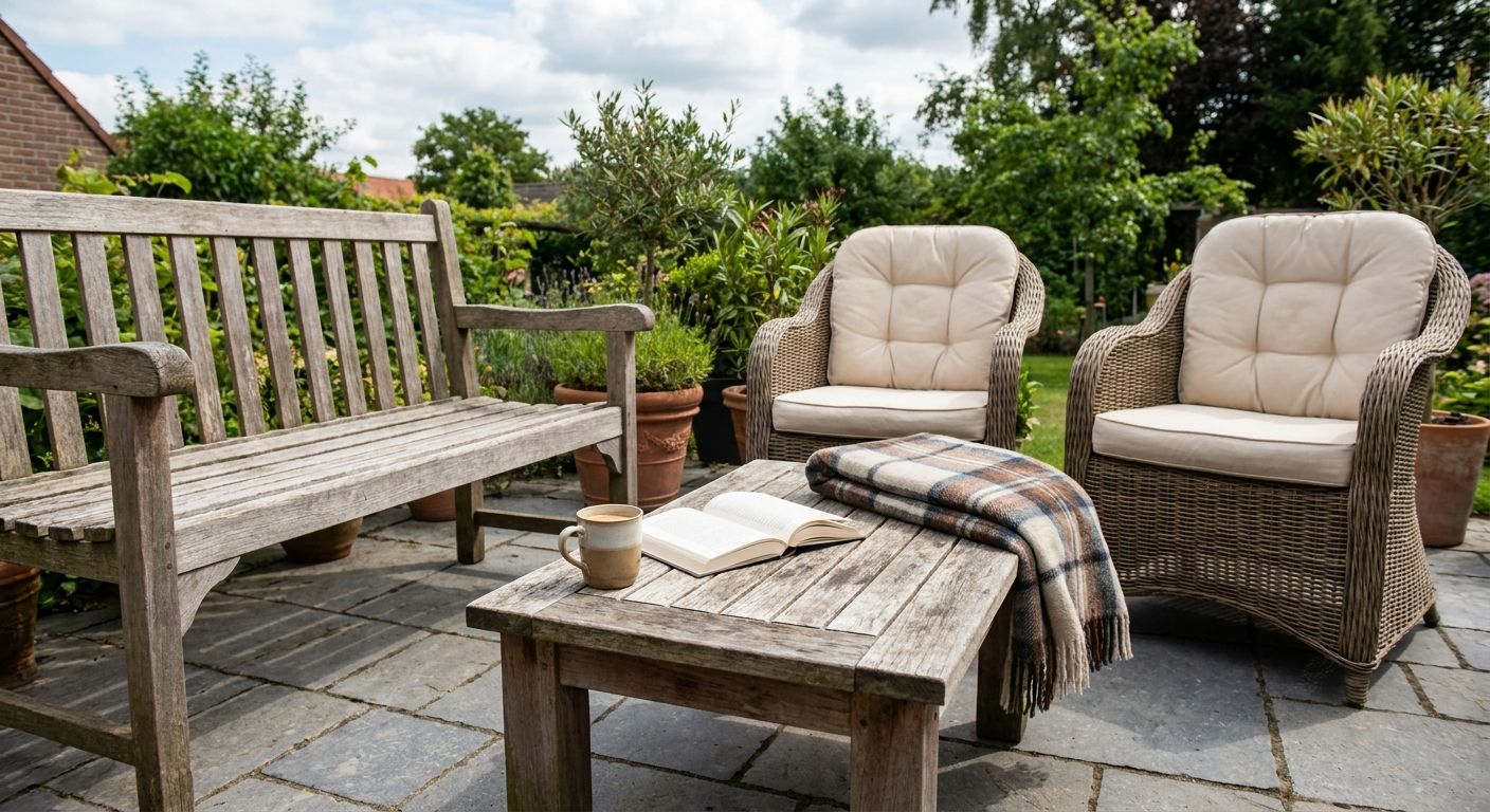 Gezellige tuinset met houten bank en stoelen