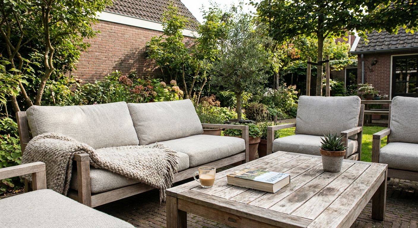 Gezellige tuinset met houten bank en tafel