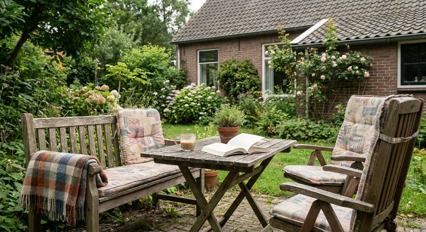 Gezellige tuinset met boek en koffie