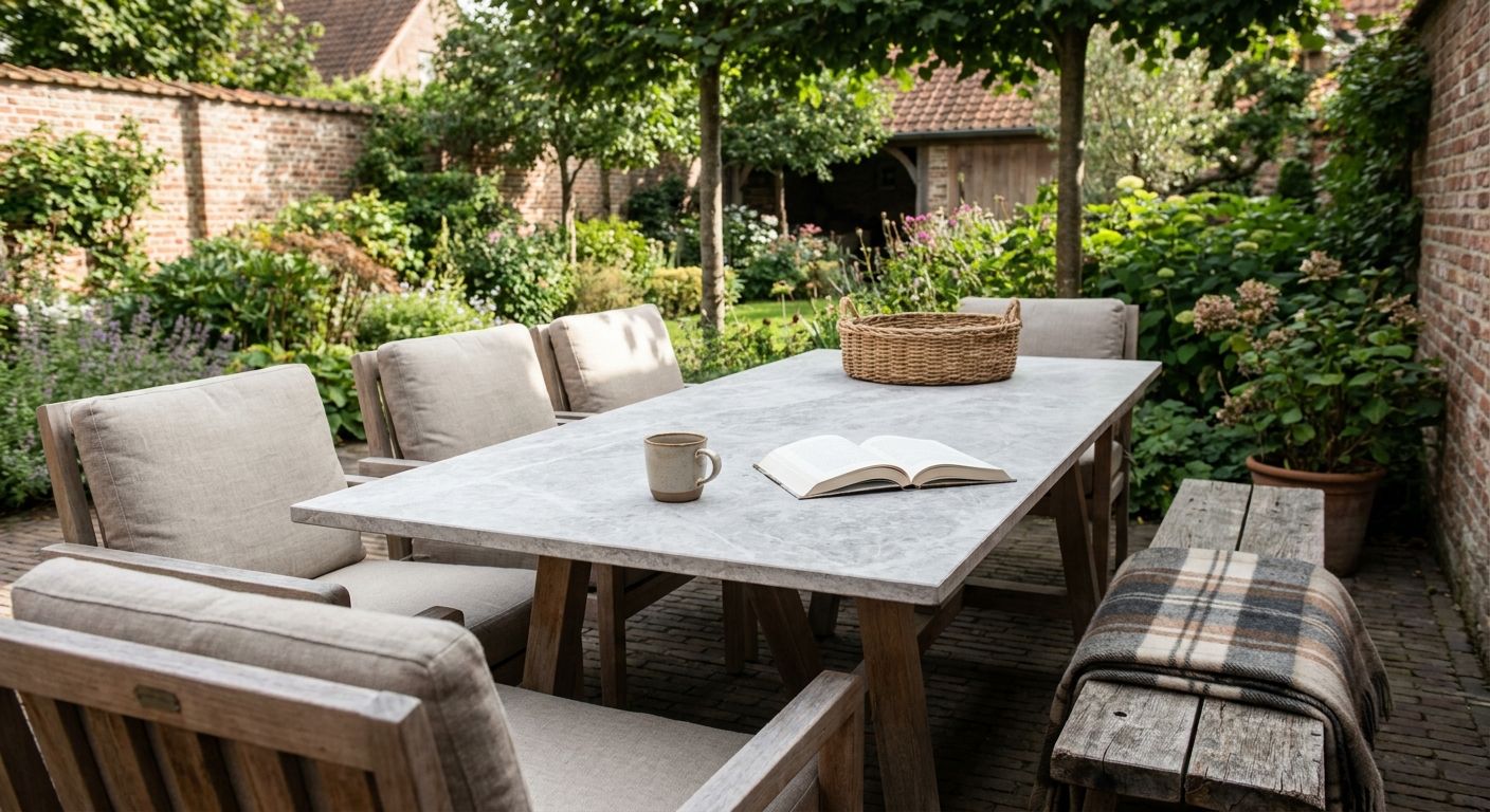 Tuin met houten eettafel en open boek
