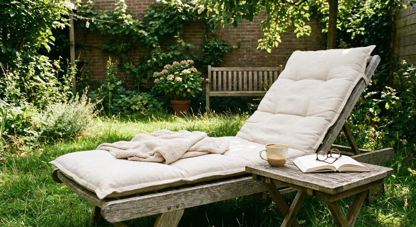 Houten ligstoel met kussens in groene tuin
