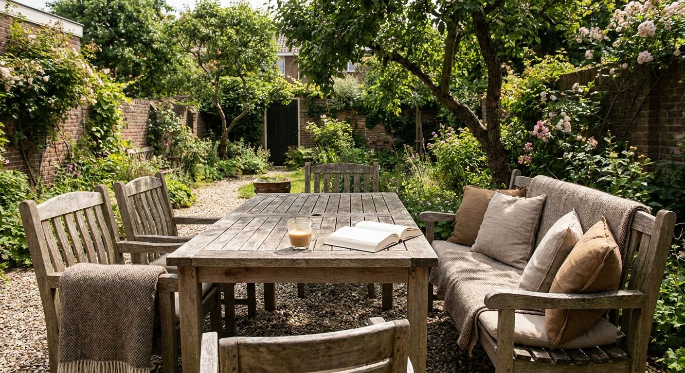 Houten tuintafel met boek en koffie in groene tuin