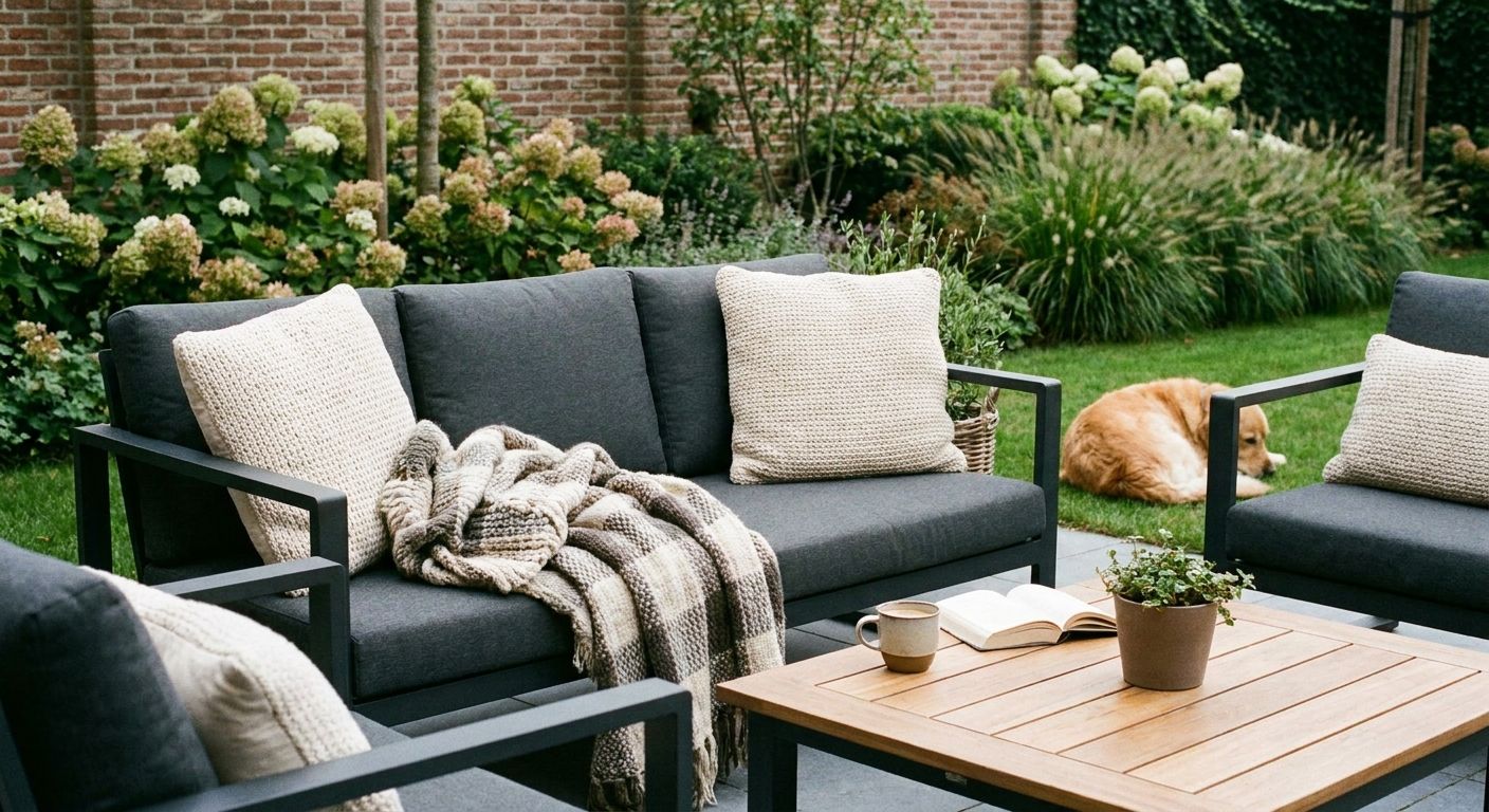 Moderne tuinset met bank, tafel en hond
