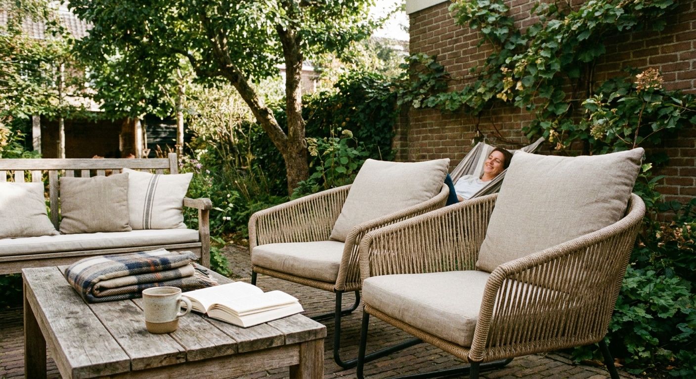 Gezellige tuin met stoelen, tafel en hangmat